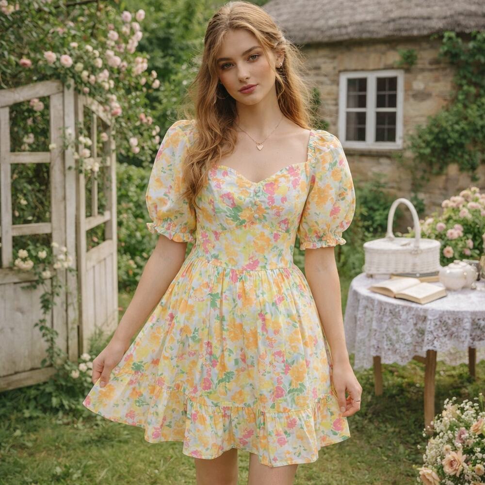 Miss Selfridge Cottagecore Floral Milkmaid Puff Sleeve Mini Dress Size 6